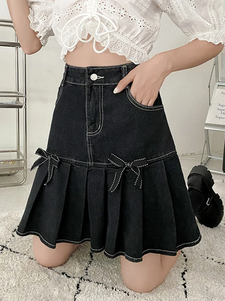 maxi skirt Denim Skirt A-Line Skirt Female Summer New Design Bow High Waist Thin Pleated Skirt Hot Girl Short Skirt black midi skirt