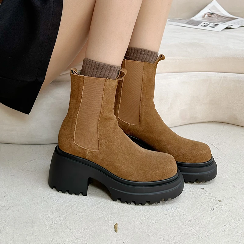 

Heihaian Ankle Boots 2023 For Fall Retro Style Hong Kong Style Ankle Boots Square Head Thick Sole Chelsea Boots For Women