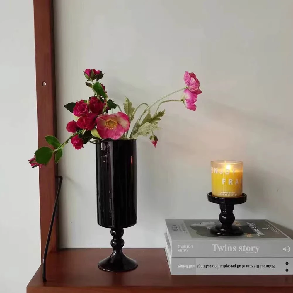 Black Tall-Stemmed Glass Vase – French Classical Hydroponic Flower Arrangement Vase, Artisan Craft Home Decor Piece 5