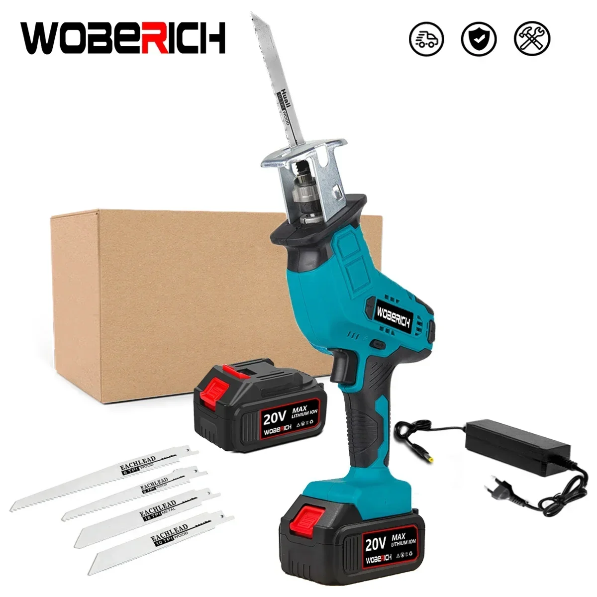 WOBERICH cordless reciprocating saw 21V chainsaw cutting wood metal PVC pipe adjustable speed with saw blades power tool
