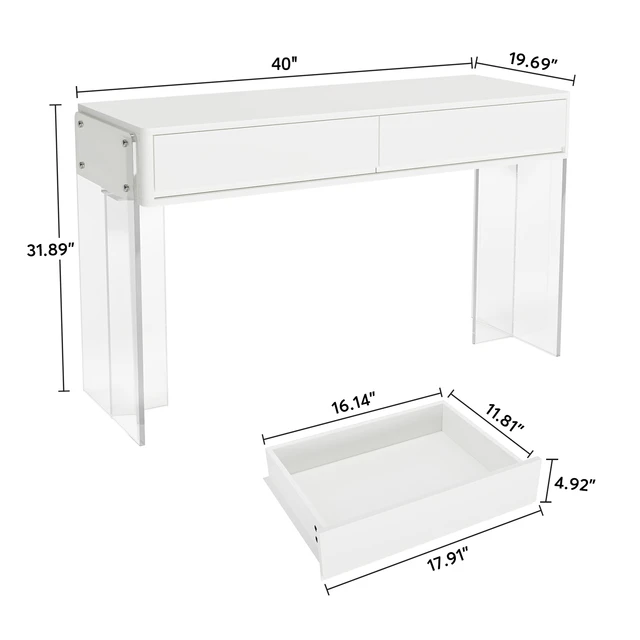 Tribesigns Makeup Vanity Desk with 2 Drawers, Modern White Computer Desk with Acrylic Legs, Glossy Vanity Dressing Table - Image 6