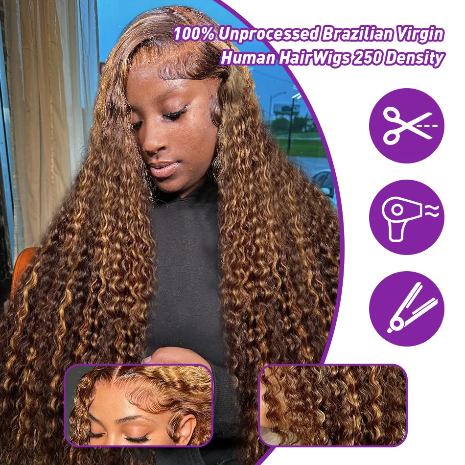 Human Hair Wig Highlight Honey Blonde Curly Water Wave 13x6 HD Lace Frontal 100% Human Hair Ombre Deep 4x4 Wig