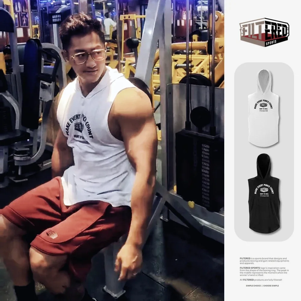 Men's Cotton Boxing Sleeveless Hoodie Bodybuilding Workout Tank Tops Muscle Fitness Shirts