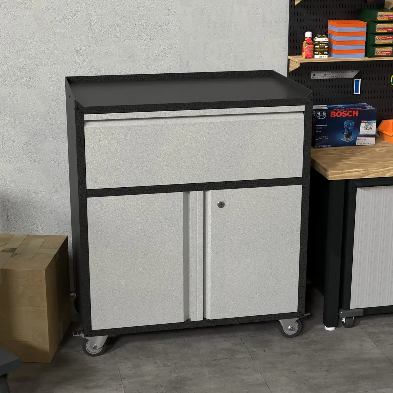 Storage Cabinet with Drawer& 2 Doors Adjustable Shelves,35.4" H Top Workbench Mobile Tool Chests Garage Cabinets with 4 Wheels,L