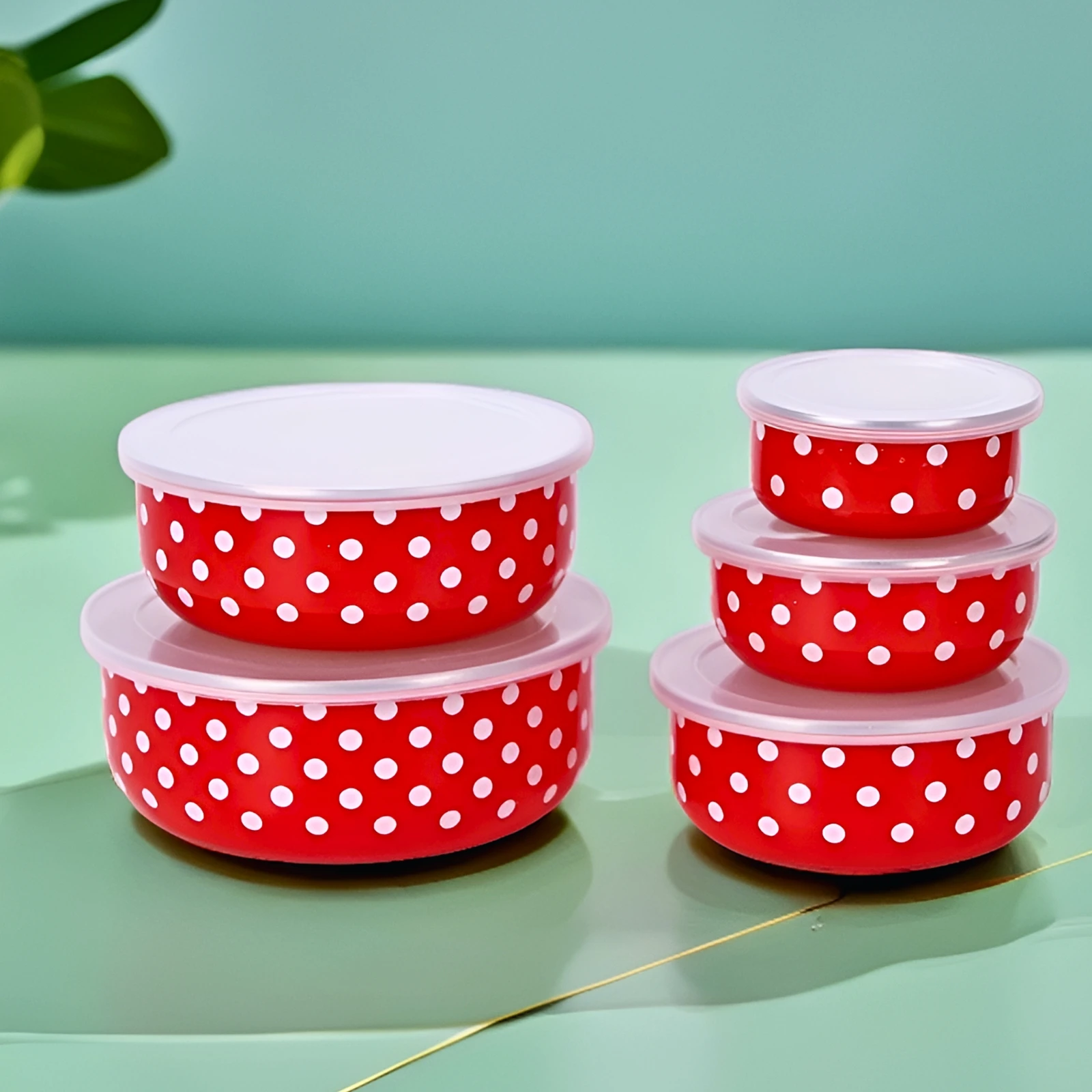 American enamel preservation bowl five-piece set with lid red and white polka dot 2