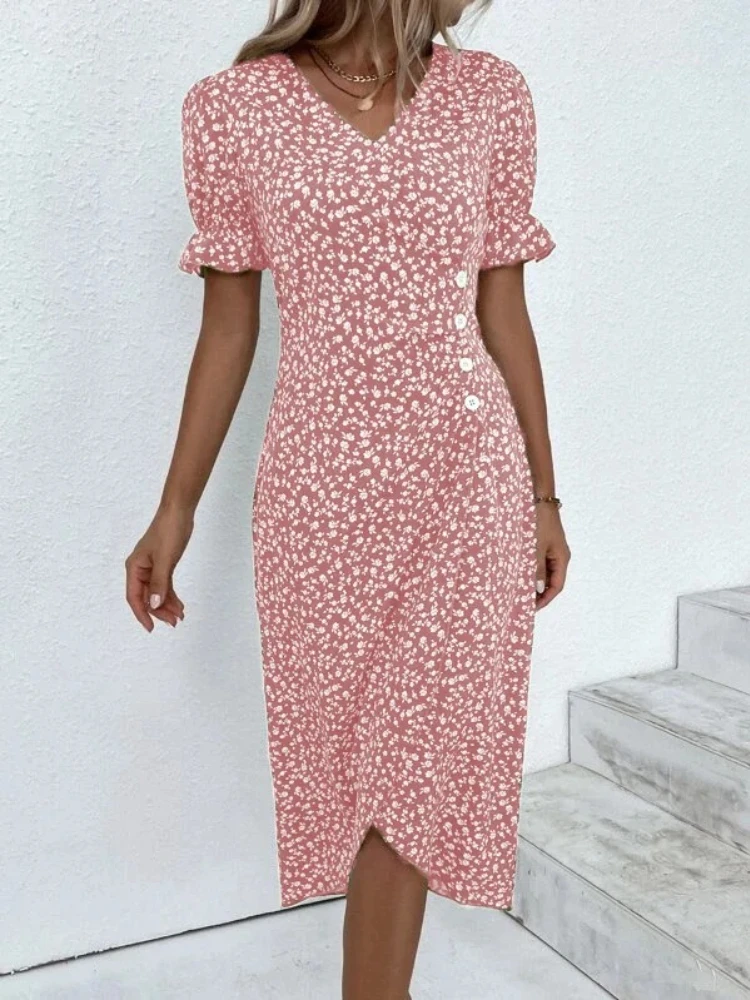 

Elegant Floral Pleated Midi Dress Female V Neck Puff Sleeve Waist Ruched Button Dresses Women Clothing Summer Dress Robe 2023