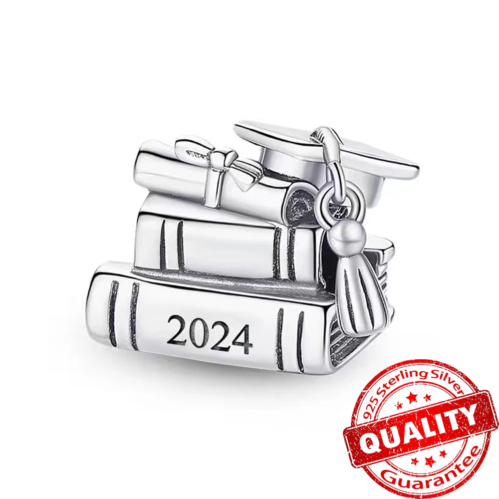 Echt 925 Sterling Zilver 2024 Roze & Blauw Emaille Hart Graduatie Triple Bengelen Charme Bachelor Cap Kralen Fit Pandora Armband