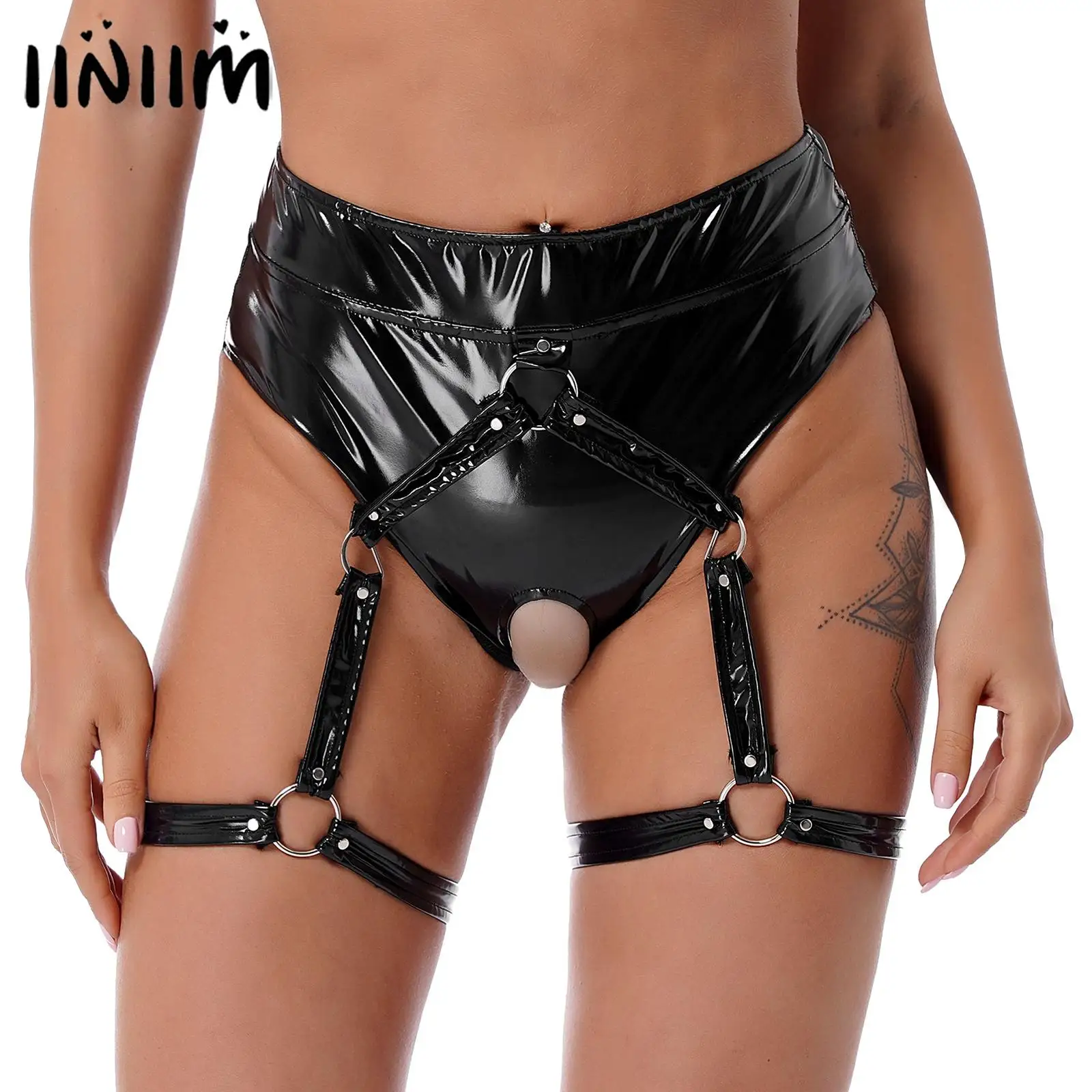 

Womens Shiny Patent Leather O Ring Leg Garter Rave Party Clubwear Crotchless Lingerie Briefs Thongs