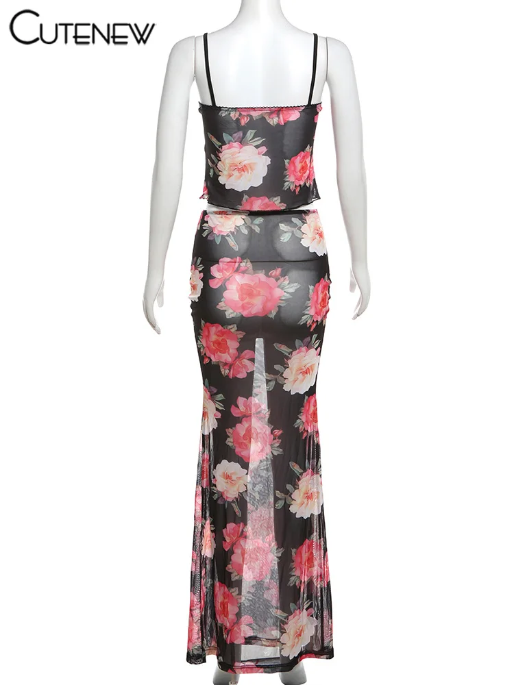 Women's Patchwork Two Piece Set Lace-up Sleeveless Halter Cropped Vest Top+Slim Long Skirt Female Beach Holiday Outfit