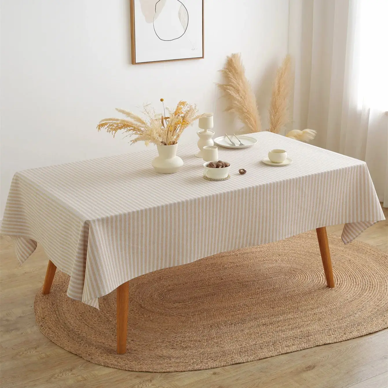 

Rectangle Stripe Tablecloth Cotton Linen Fabric Farmhouse Table Cover for Home Kitchen Dining Party Wedding Table Decor