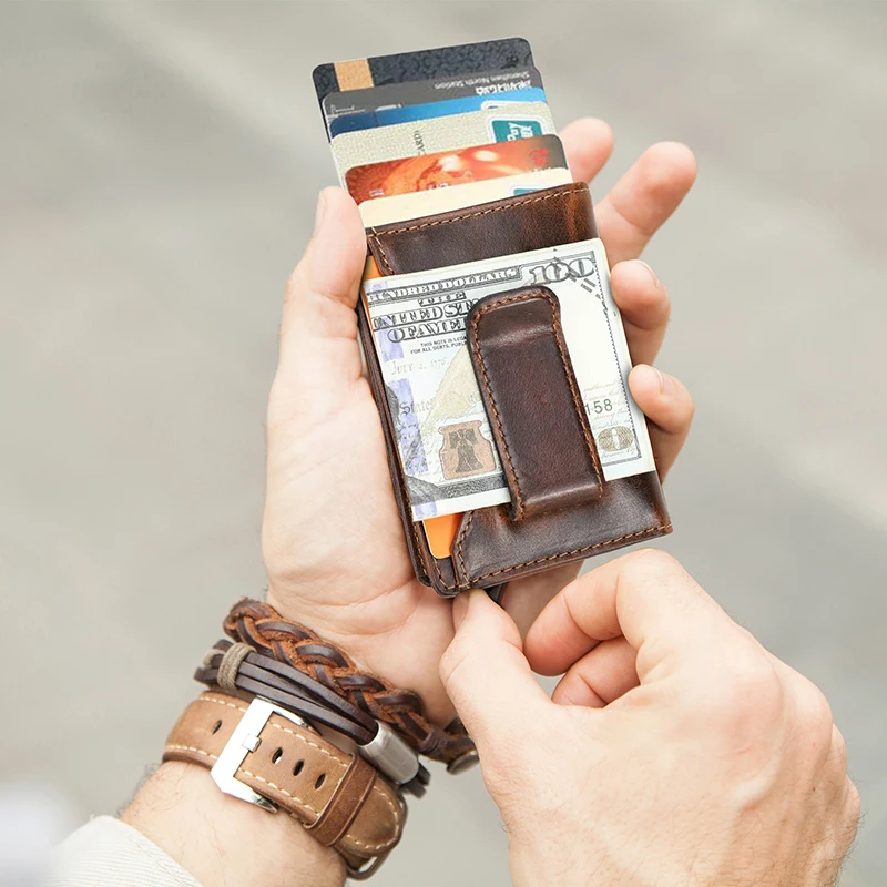 CONTACT'S Genuine Leather Card Holder for Men Short Purse Mini Leather Wallet FRID Anti-Theft Card Bag Airtag Wallets