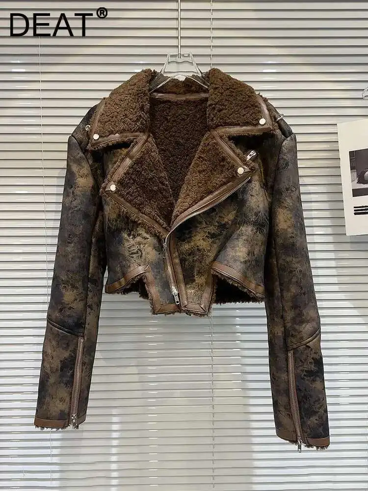 DEAT Vintage Women's Tie Dye Fur Turn-down Collar PU Leather Coat 2024 Winter Fashion Long Sleeves Zipper Jacket Female 11XX6973