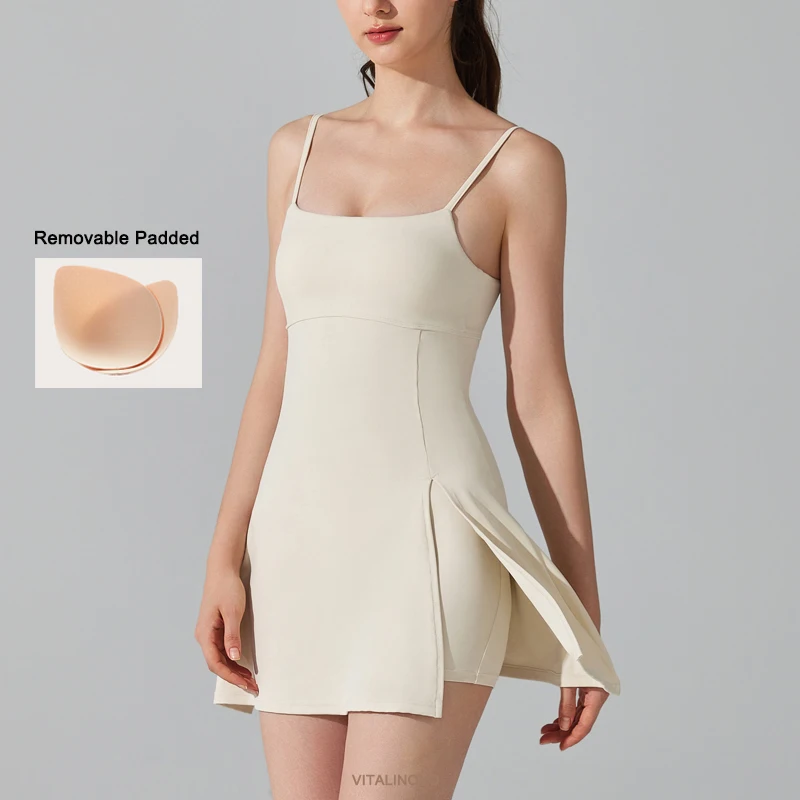 Womens Spaghetti Strap Tennis Dress Scoop Neck Workout Dress with Built-in Bra Workout Side Slit Active Golf Dresses VITALINOVO Women Dress Sports Clothing