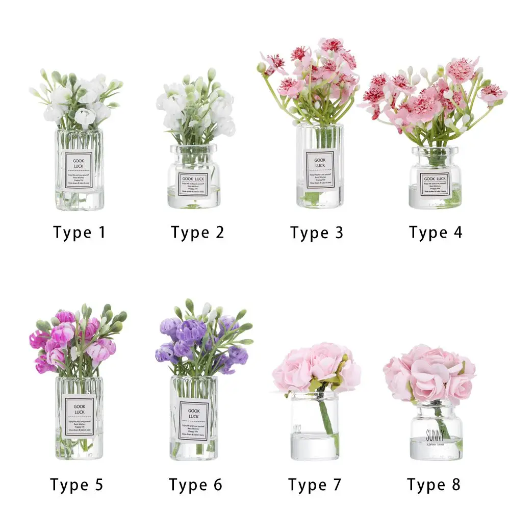 1:12 Scale Dollhouse Flower Vase Doll Accessories Pink Rose White Jasmine Mini Floral Arrangement