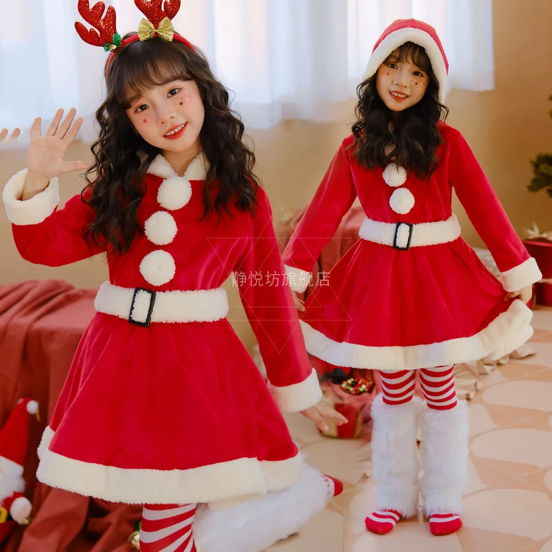 

Christmas Children Clothes Cosplay Costume Elk Dress Red Dress Kindergarten Girls' Santa Claus Set New Year Vestidos Set Anime