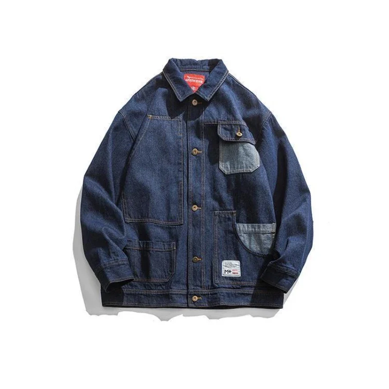 thumbnail image 1 of Chaqueta vaquera con botones de otoño para hombre, abrigos vaqueros para hombre con empalme, azul cargo Y2k, de invierno, de gran tamaño, de moda 2024, nueva en talla L, vaquero de Corea, 1 of 5