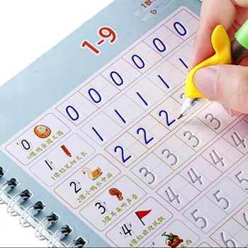 (4 libri e penne/1 Set) Magic Workbook giocattoli da scrittura per bambini con adesivi Montessori calligrafia giocattoli Notebook inglese 1