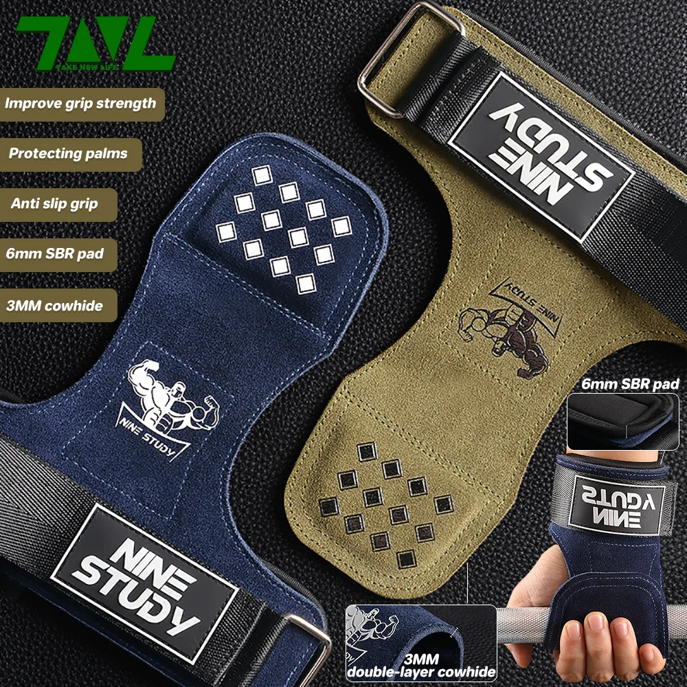 1Pair Cowhide Gym Fitness Gloves Straps Grips Anti-Skid Weight power belt Lifting Pads Protection For Deadlift Workout Exercise 2