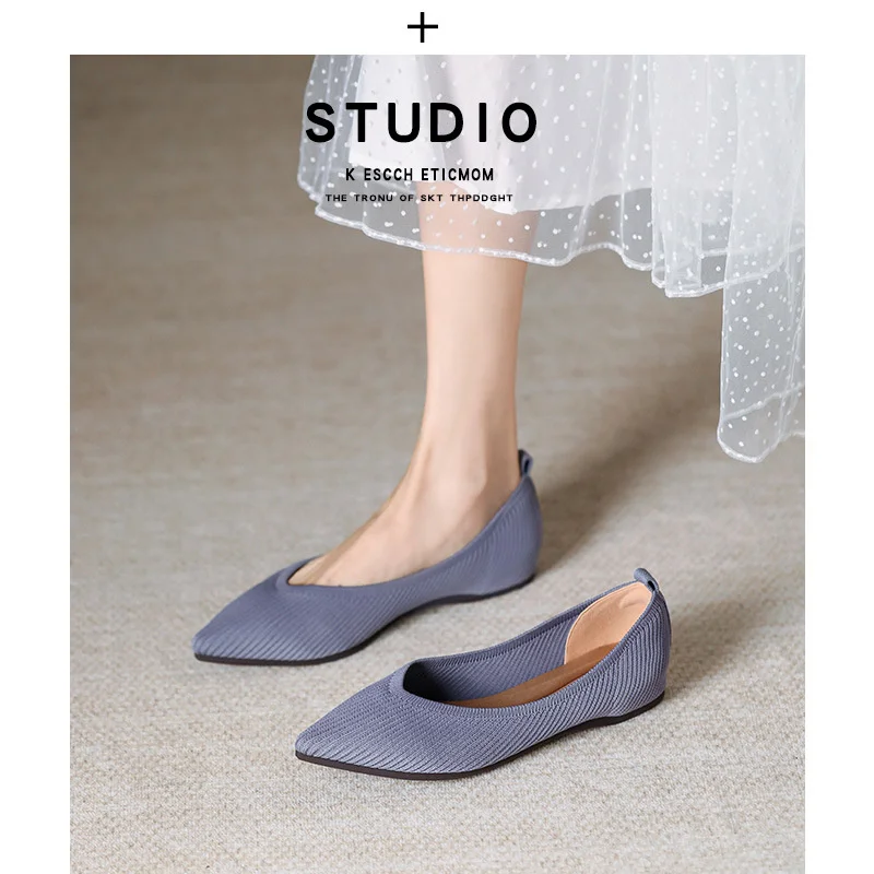 New Fashion Women Pointed Toe Flat Solid Color Knitted Slip on Shoes Casual Mesh Breathable Soft Bottom Ballet Loafers