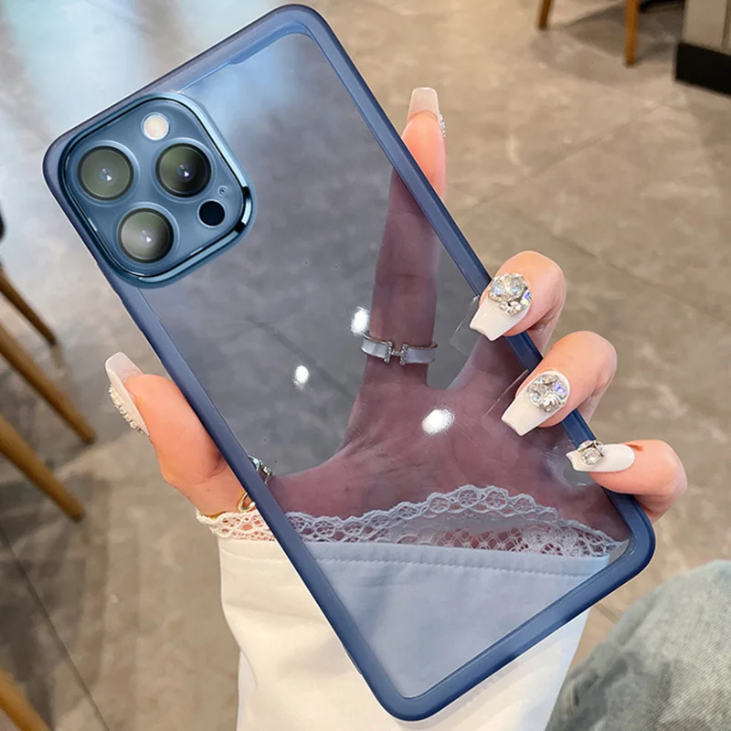 Clear Matte Frame Soft Silicone Case For iPhone 15 Mini 14 Max 12 11 13 Pro 8 Plus Camera Lens_voghion.com