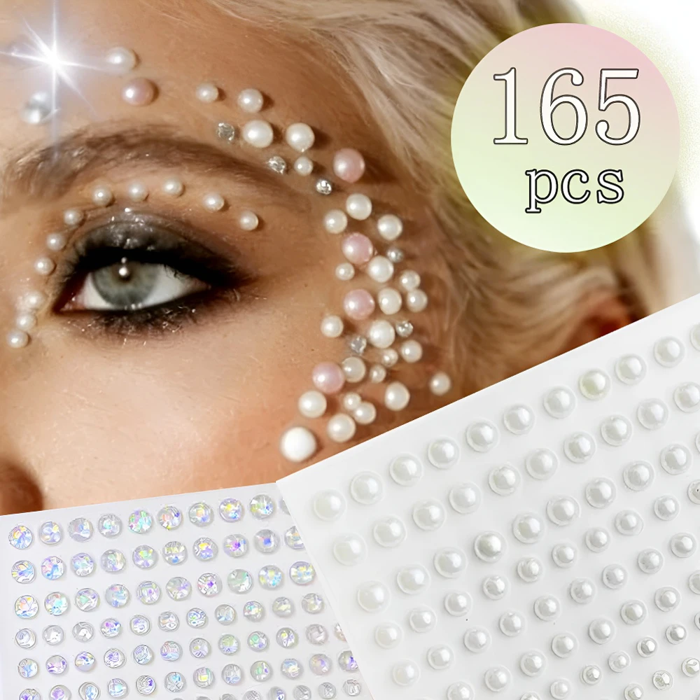 165pcs Mix 3/4/5/6mm Hair Pearls Stickers Self Adhesive Nail DIY Self Adhesive Pearls Stickers Face Decoration Temporary Tattoos_voghion.com