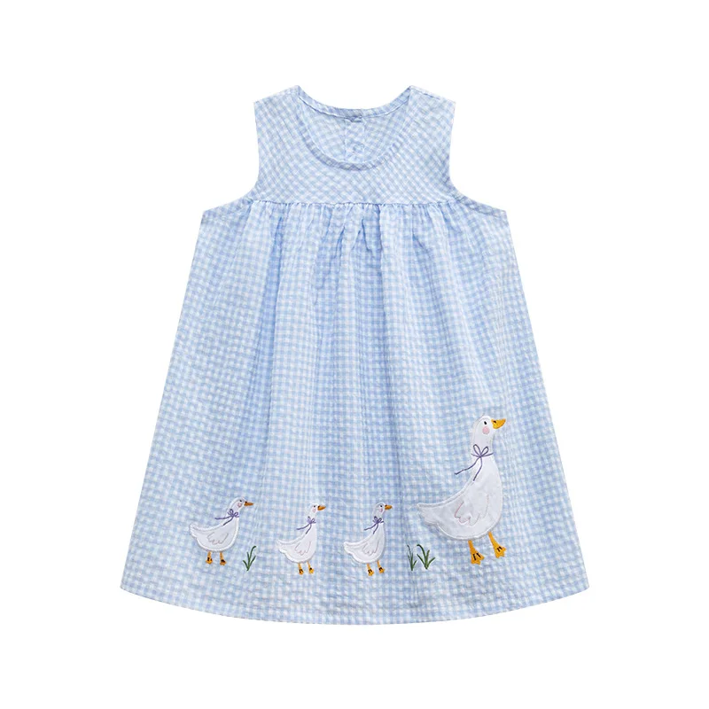 Pink/Blue Kids Clothes Summer Lattice Dress Baby Girls Clothes Cartoon Ducks Dresses Children's Clothing Vestidos Cotton