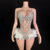 Women Luxury Rhythmic Gymnastics Leotards Bling Bling Glitter Diamonds Cut Out Bodysuit With White Feathers Nightclub Costumes
