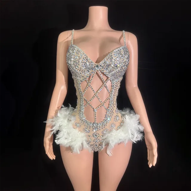 Women Luxury Rhythmic Gymnastics Leotards Bling Bling Glitter Diamonds Cut Out Bodysuit With White Feathers Nightclub Costumes