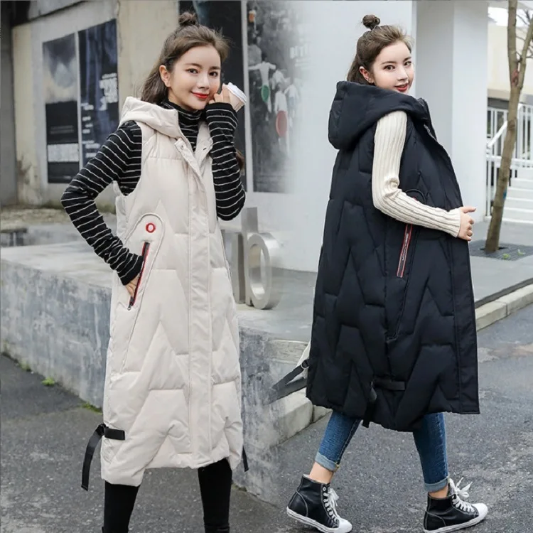 

Casual Warm Sleeveless Vest Coat Long Down cotton Jacket Solid Hooded Padded Vests Loose Females Korea Style Winter Clothings