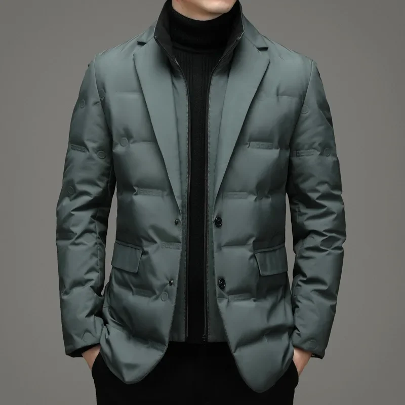 Down Jacket Mens Jacket Men's Winter Fake Two-Piece Warm Blazer Business Leisure Warm Stand-up Collar Jacket