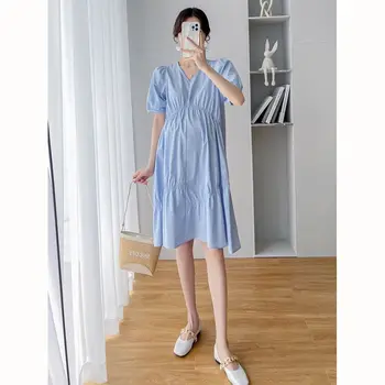 Maternity Summer Dress Short Sleeve V-Neck Puff Sleeve High Waist Pregnant Women Cotton Dress Loose Pregnancy Clothes Wholesale