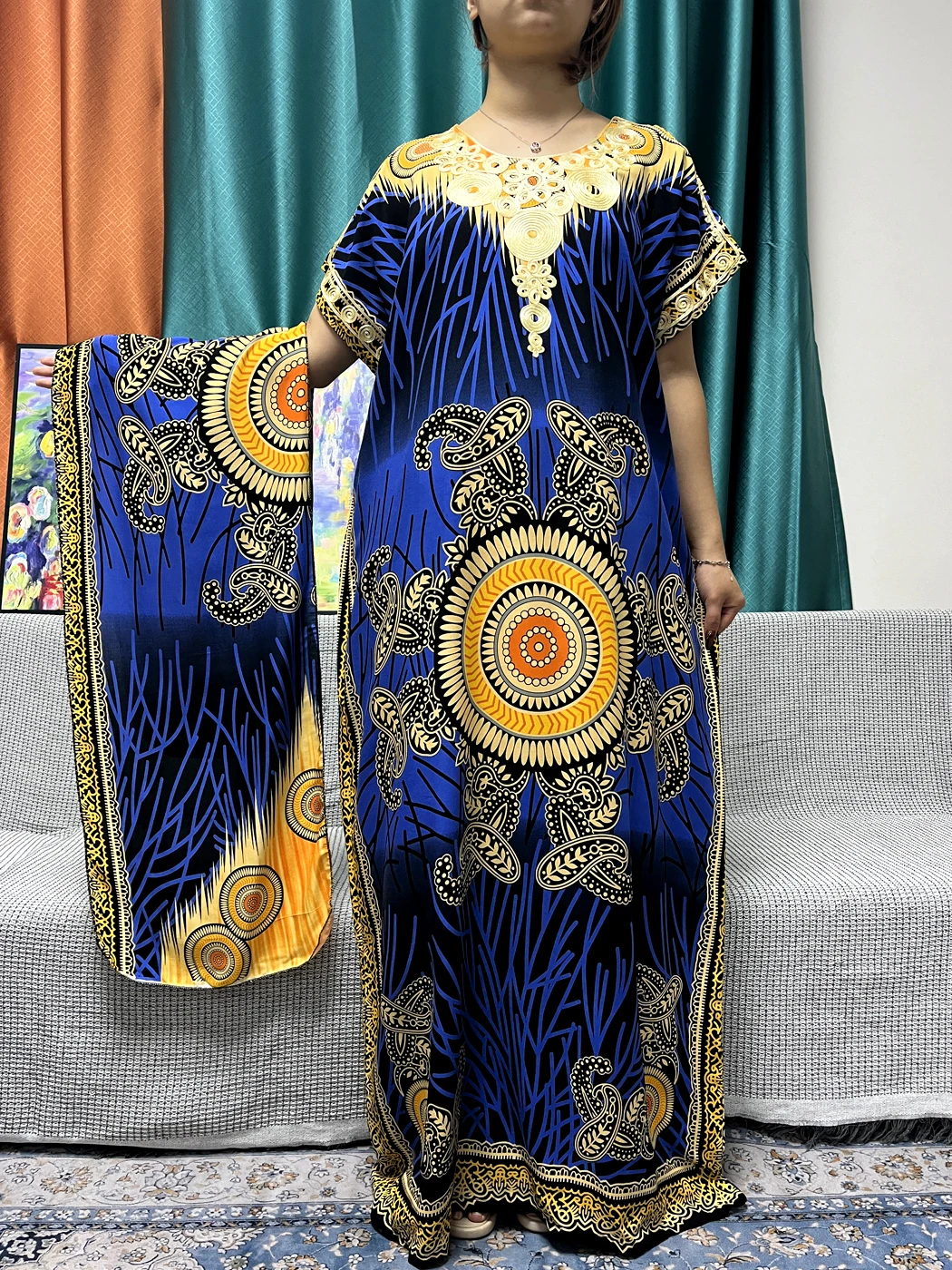 Abayas For Women 2023 Dubai Cotton V-neck Loose Fit Femme Robe African Traditional Dresses With Headscarf LT172