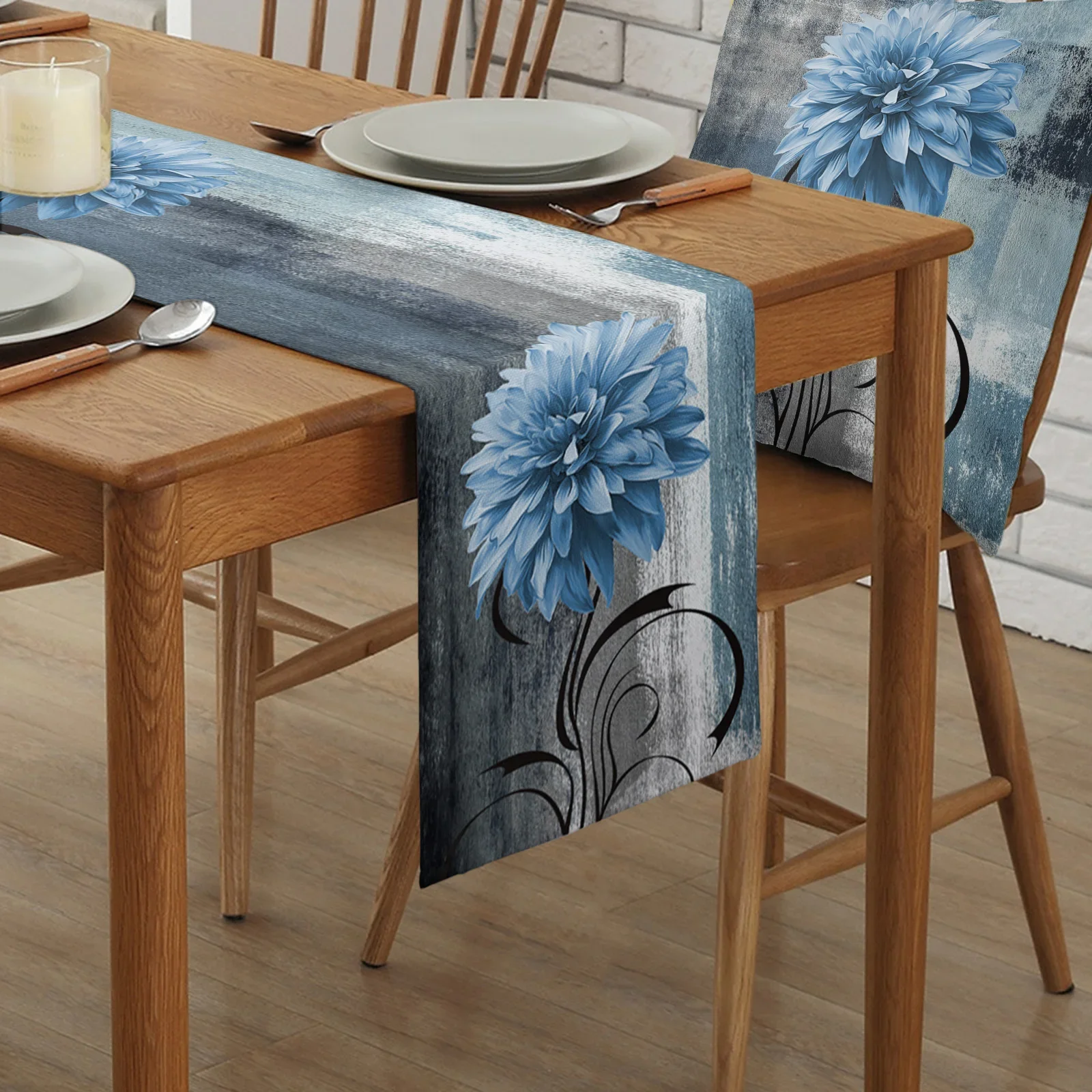 Dahlia Oil Painting Blue Table Runner Decoration Home Decor Dinner Table Decoration Table Decor 2