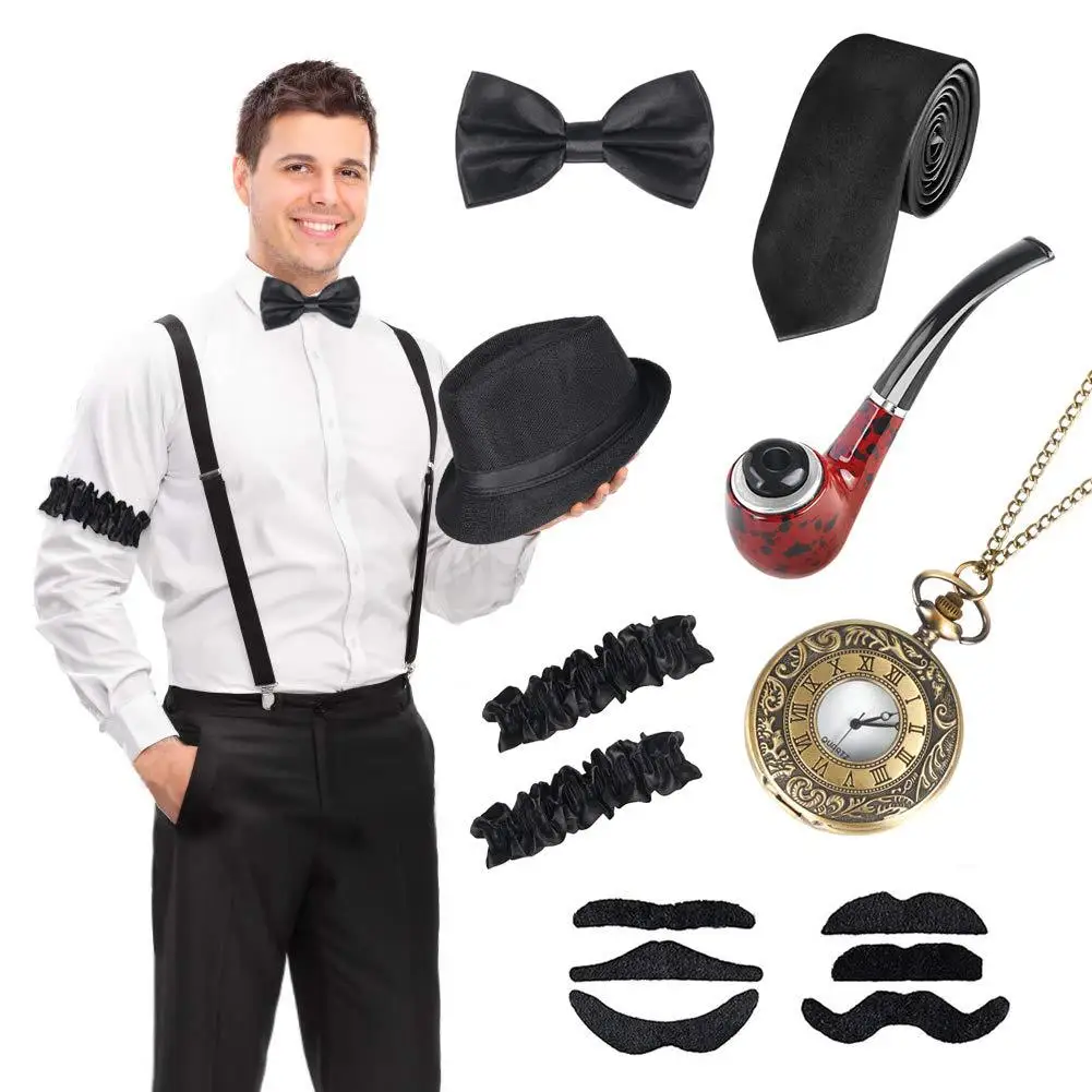 

1920S Mens Great Gatsby Costume Accessories Set for Men Roaring 20S 30S Retro Gangster Costumes Tie Hat Pipe