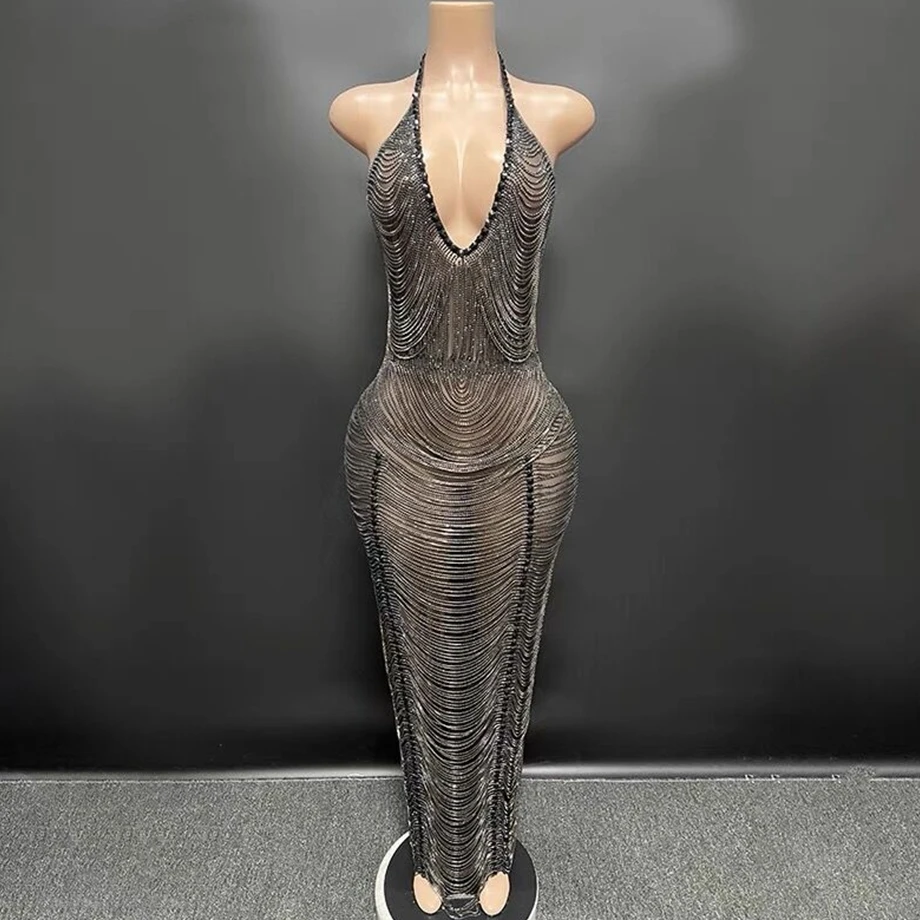 

Luxury Shining Black Diamond Tassel Chain Sexy Halter Backless Bodycon Floor-length Dress Evening Dress Singer Stage Show Dress