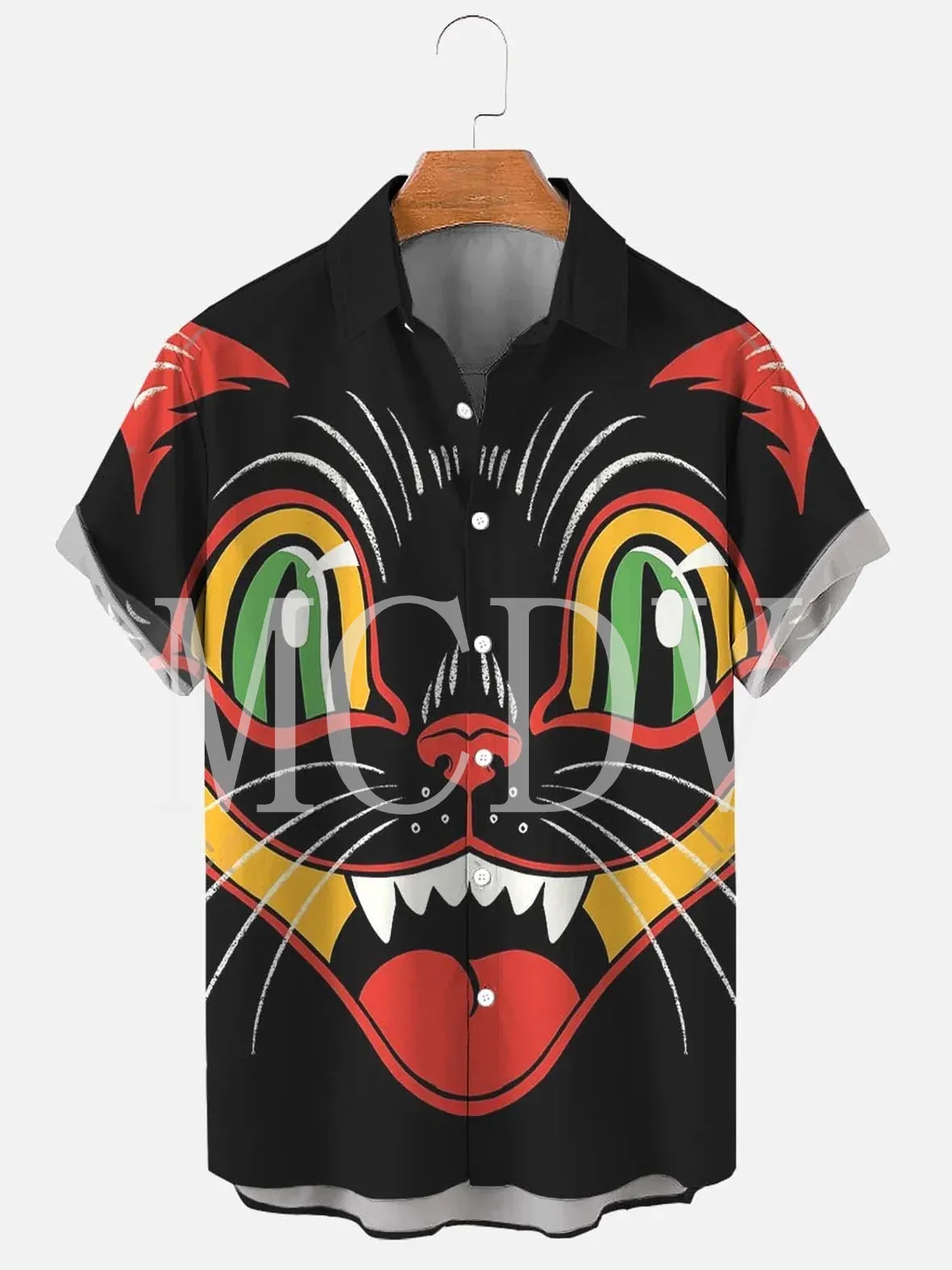 Men's For Women's Halloween Black Cat Witch Starry Night Printed Casual Breathable Short Sleeve Hawaiian Shirt