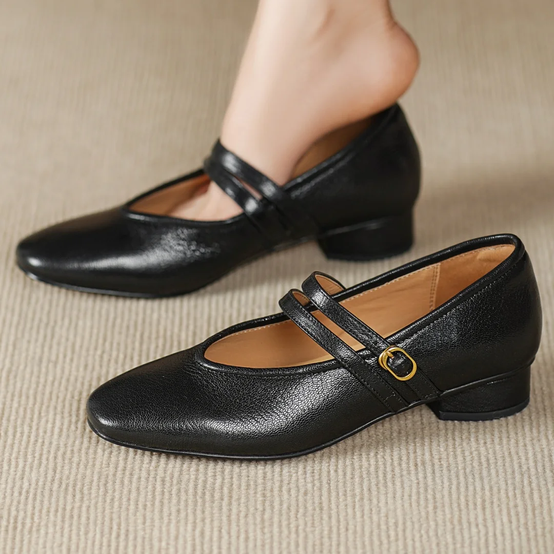 TAVIMART  -  Soft Genuine Leather Mary Jane Shoes Cowhide Buckle Casual Loafers Low Heel Genuine Leather Women's Shoes Women's Ballet Flats