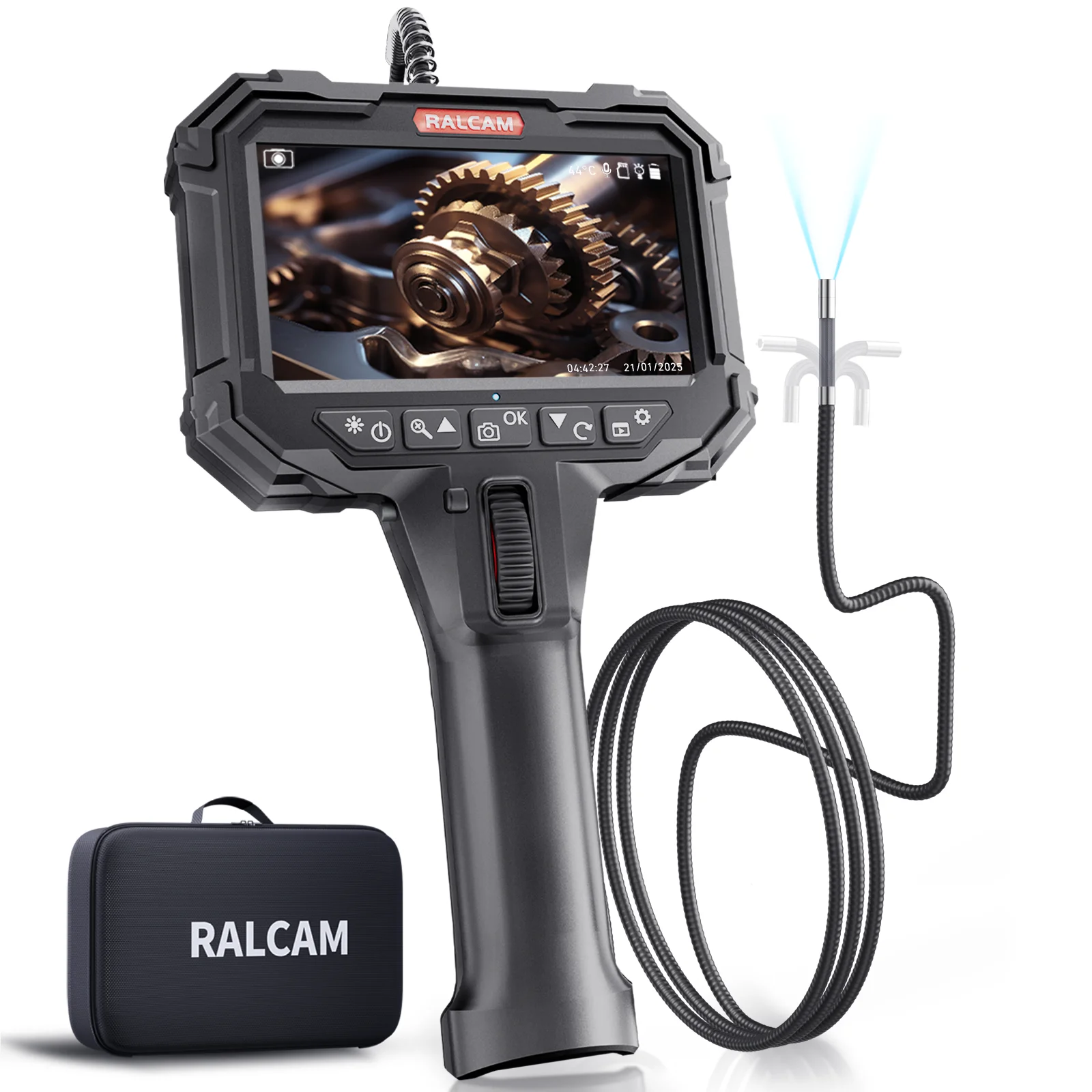 랄캠 360 °   8배 줌 회전식 관절형 내시경, 5인치 IPS 검사용 내시경, 6.2mm 내시경이 장착된 산업용 내시경