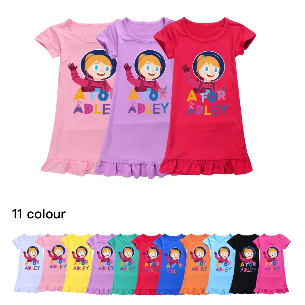 

2023 Summer Cartoon A FOR ADLEY Clothes Girls Short Sleeve Casual Night Dress Children Princess Dress Kids Leisure Sleepwear