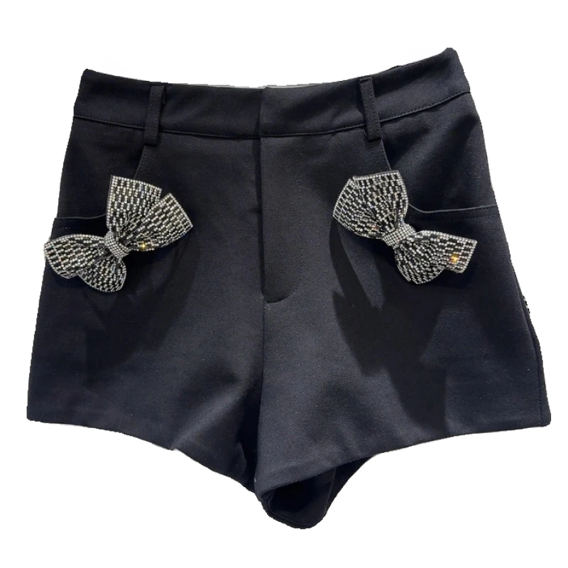 2024 Summer New Hollow Rhinestone Bow Pin Temperament Socialite Slim Fit Short Shorts for Women All-Matching Black Shorts