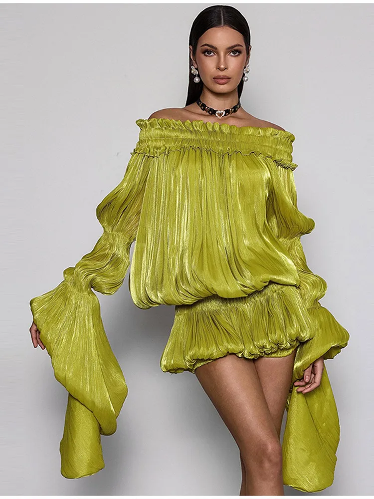 Olivgrünes schulterfreies Satinkleid für Damen, gerüscht, langärmlig, asymmetrischer Saum, sexy Club-Party-Sommerurlaub-Minikleid – Detail 9