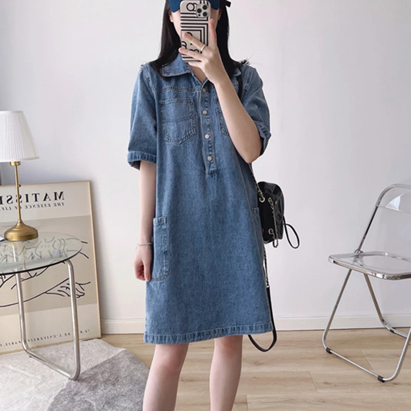 Women's Vintage Polo Neck Knee Length Denim Dress, Korean Cargo