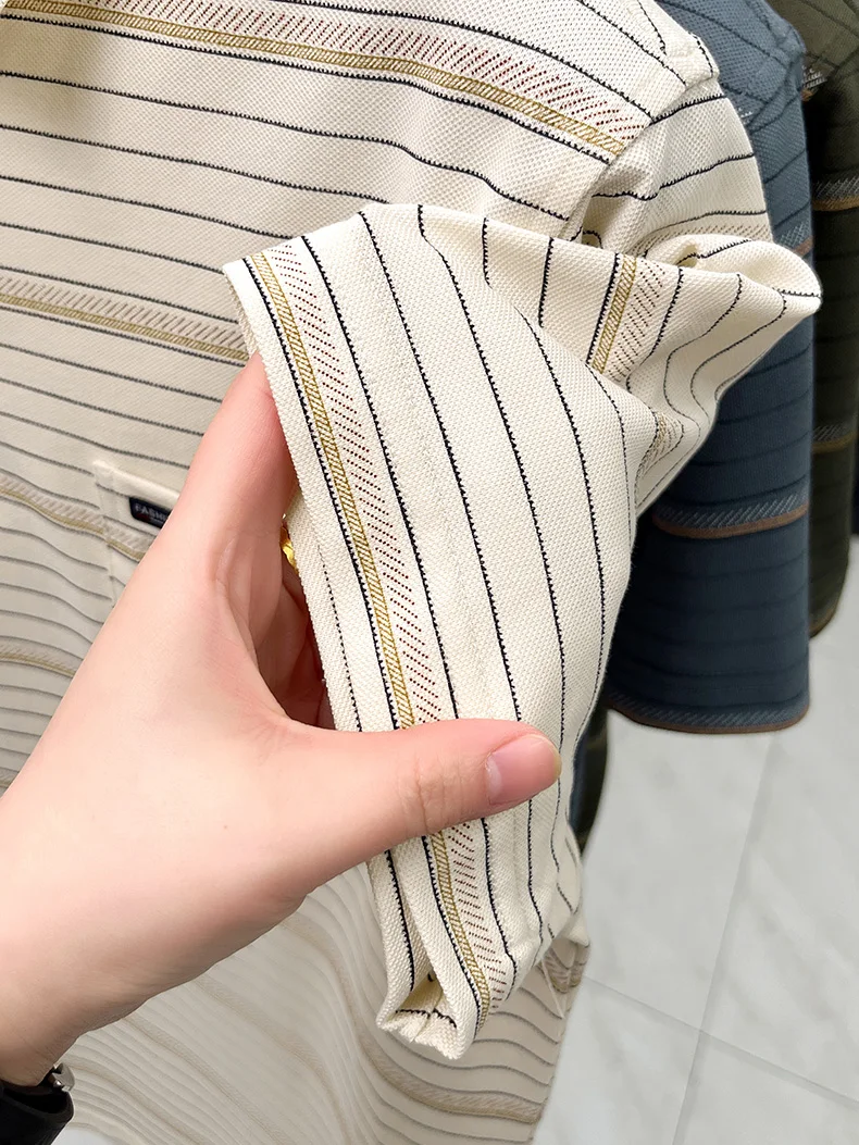 High quality stripe men short sleeve polo shirt light luxury pocket comfort breathable summer silky cotton casual lapel T-shirt 28