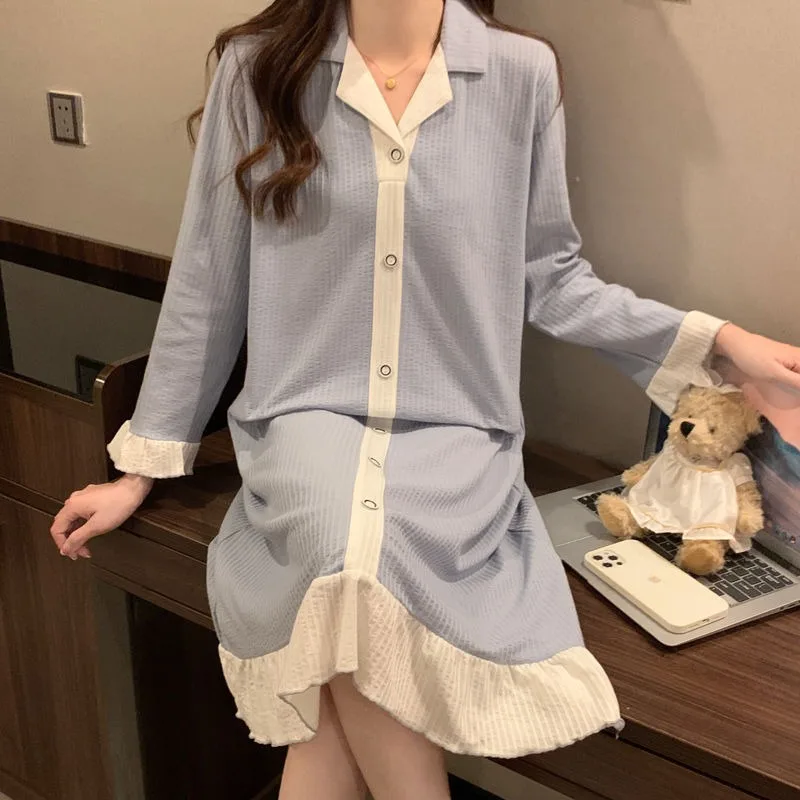 Women Spring Autumn Long Sleeve Sleeping Dress Cotton Thin Pajamas Korean Version Cute Loose Sleepwear Lapel Lacework Nightgown