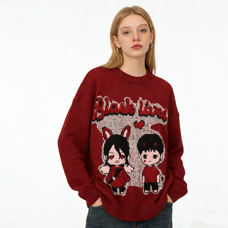 Harajuku Cartoon Girl Grafik-Pullover, lockerer Strickpullover, Unisex, Rundhalsausschnitt, lockerer, lässiger Herbst-Winter-Strickpullover, Rot – Detail 1