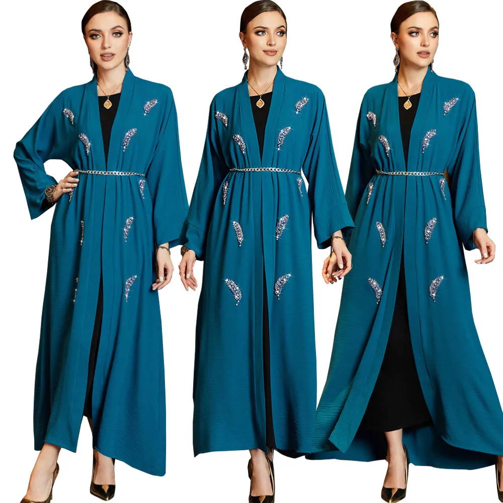

Muslim Kimono Abaya Dubai Summer Party Elegant Hijab Dress Leaf Beaded Open Abayas for Women Turkey Dresses Islam Kaftan Robe