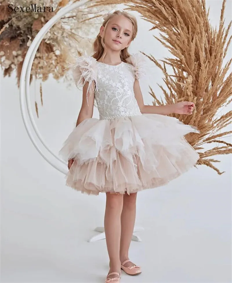 

Layers Tulle Champagne Kids Party Dresses Feather Sleeve Girls Birthday Dress Wedding Party Dress Pageant Prom Gown