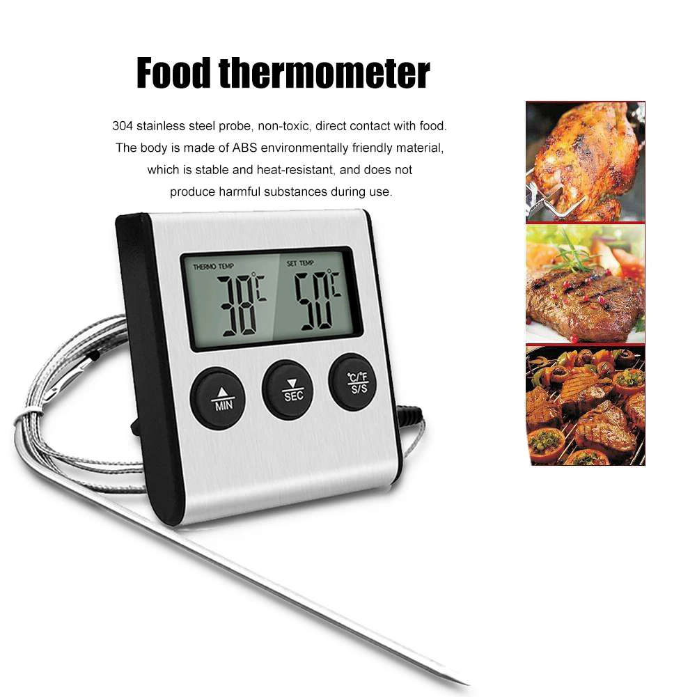 Ahomi Digital Thermomètre de four en acier inoxydable avec sonde de nourriture de cuisine cuisson viande BBQ Sonde avec minuterie 