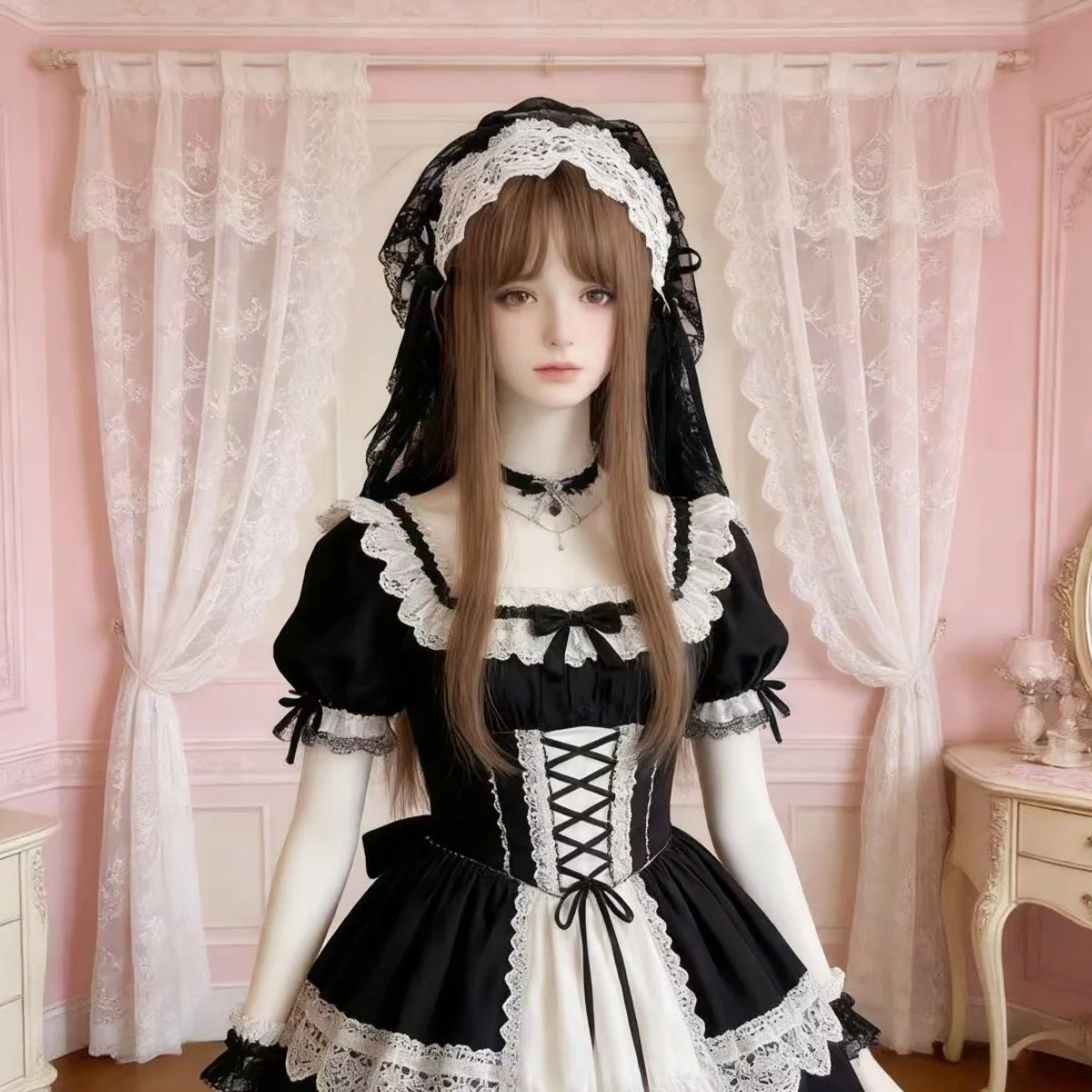 Gothic Harajuku Lolita Schwarz-Weißes Spitzen-Stirnband Damen-Schleier Cosplay-Kopfbedeckung Süßes Halloween-Haaraccessoire – Detail 5