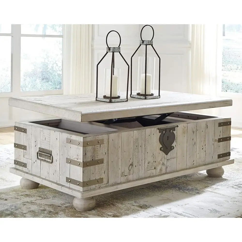 Reclaimed Solid Pine Coffee Table Distressed Finish Whitewash 2 Handles Metal Accents Residential Use Durable Design 350 lbs 6